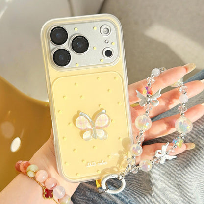 For iPhone 15 Dots Pattern 3D Butterfly Decor Phone Case with Bracelet - White - EDA009988209D