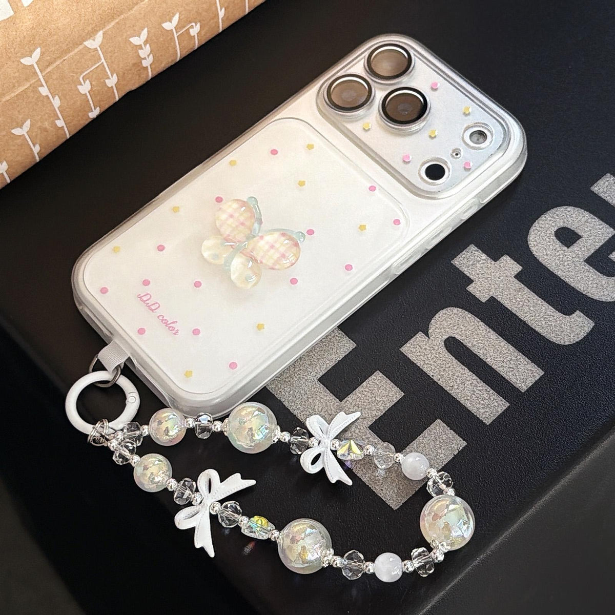 For iPhone 17 Dots Pattern 3D Butterfly Decor Phone Case with Bracelet - White - EDA009988203D