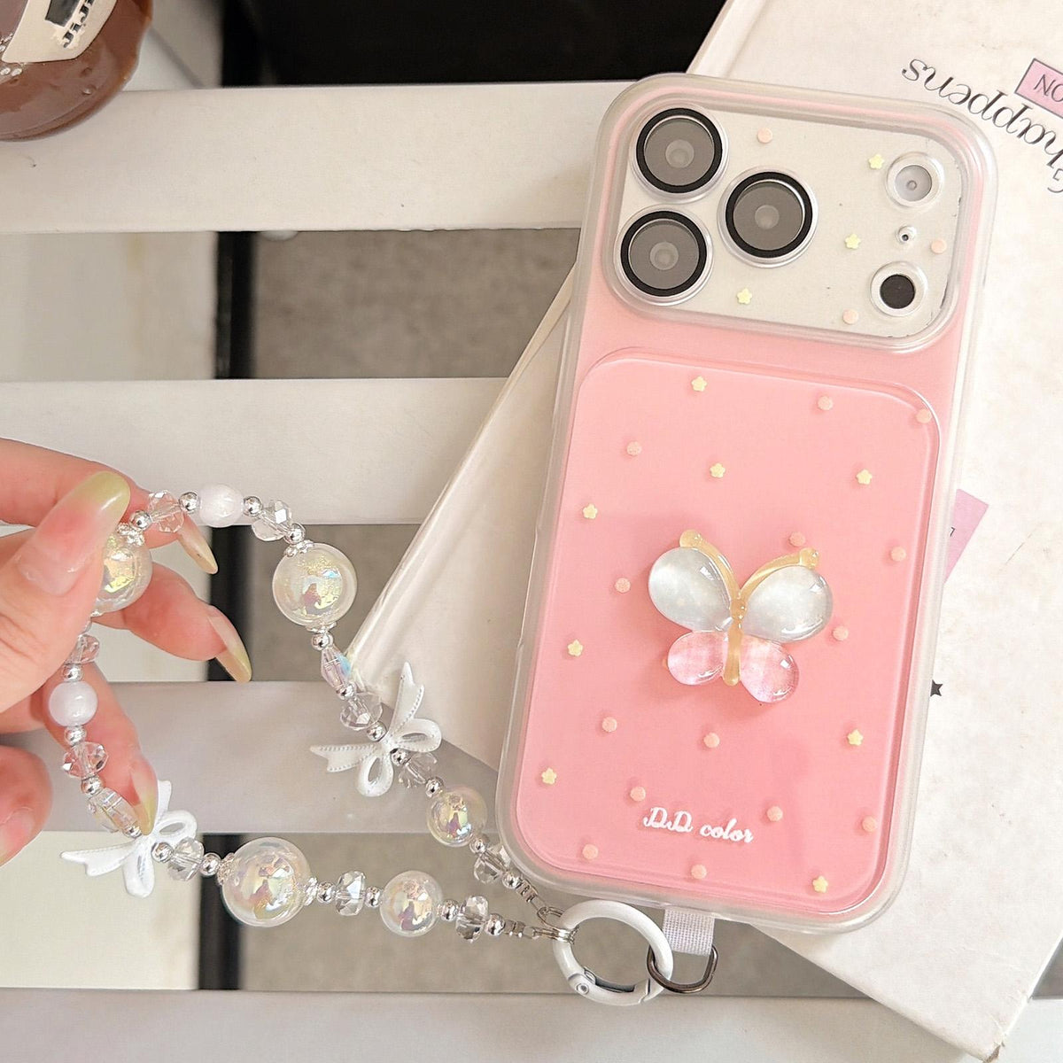 For iPhone 14 Dots Pattern 3D Butterfly Decor Phone Case with Bracelet - Pink - EDA009988210C