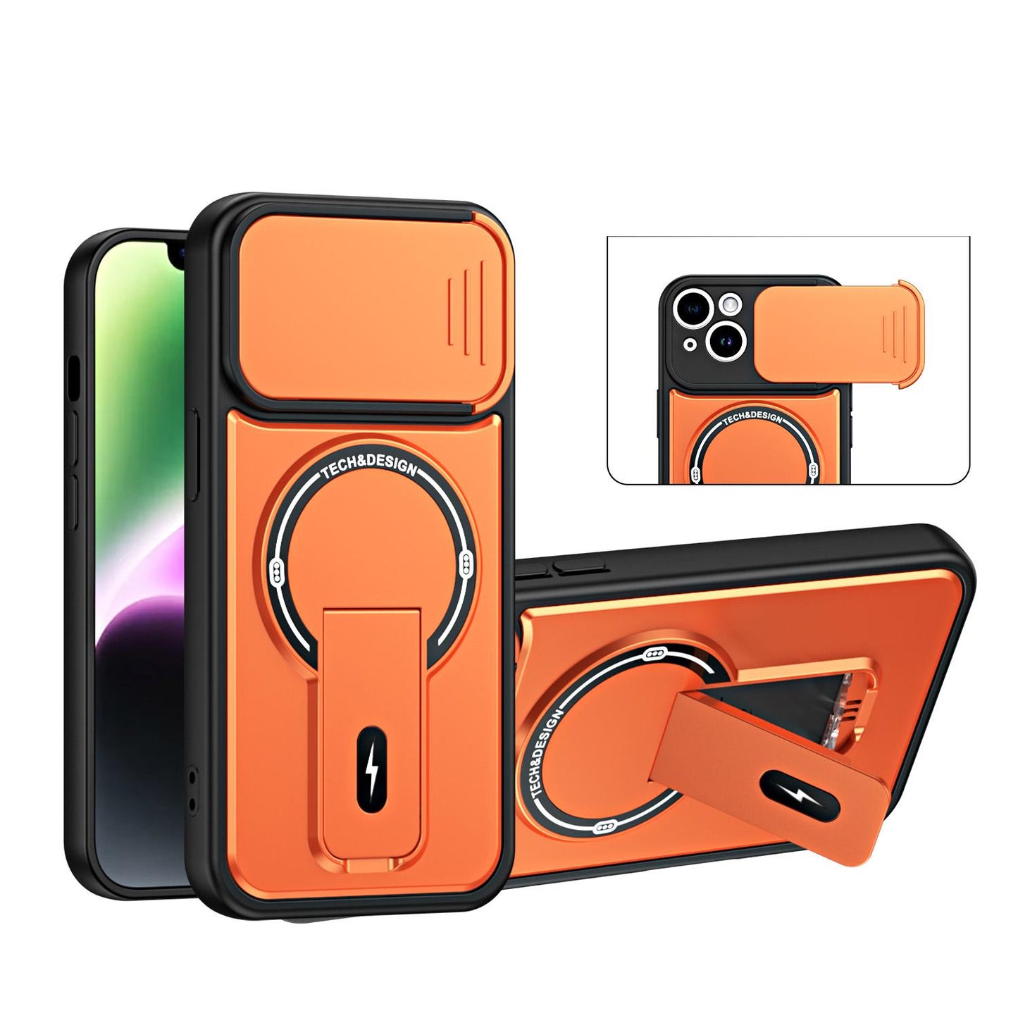 For iPhone 13 Sliding Camshield Holder Magnetic Phone Case(Orange)