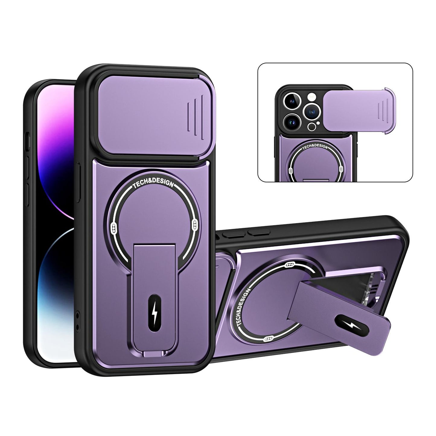 For iPhone 13 Pro Max Sliding Camshield Holder Magnetic Phone Case(Purple)