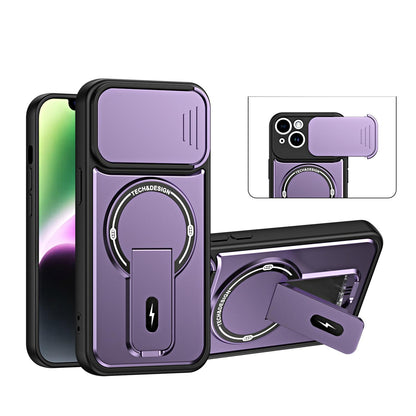 For iPhone 14 Sliding Camshield Holder Magnetic Phone Case(Purple)