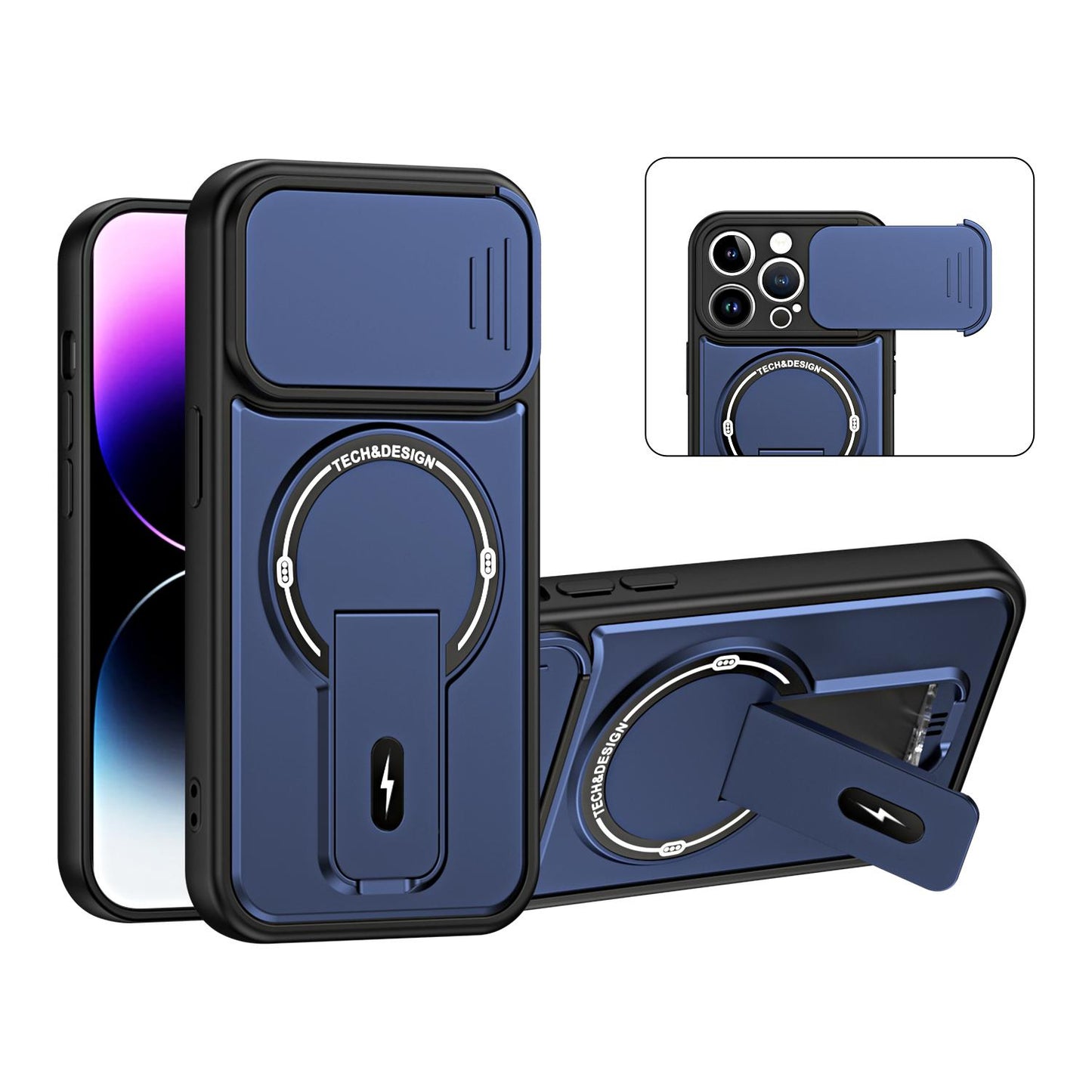 For iPhone 14 Pro Sliding Camshield Holder Magnetic Phone Case(Blue)