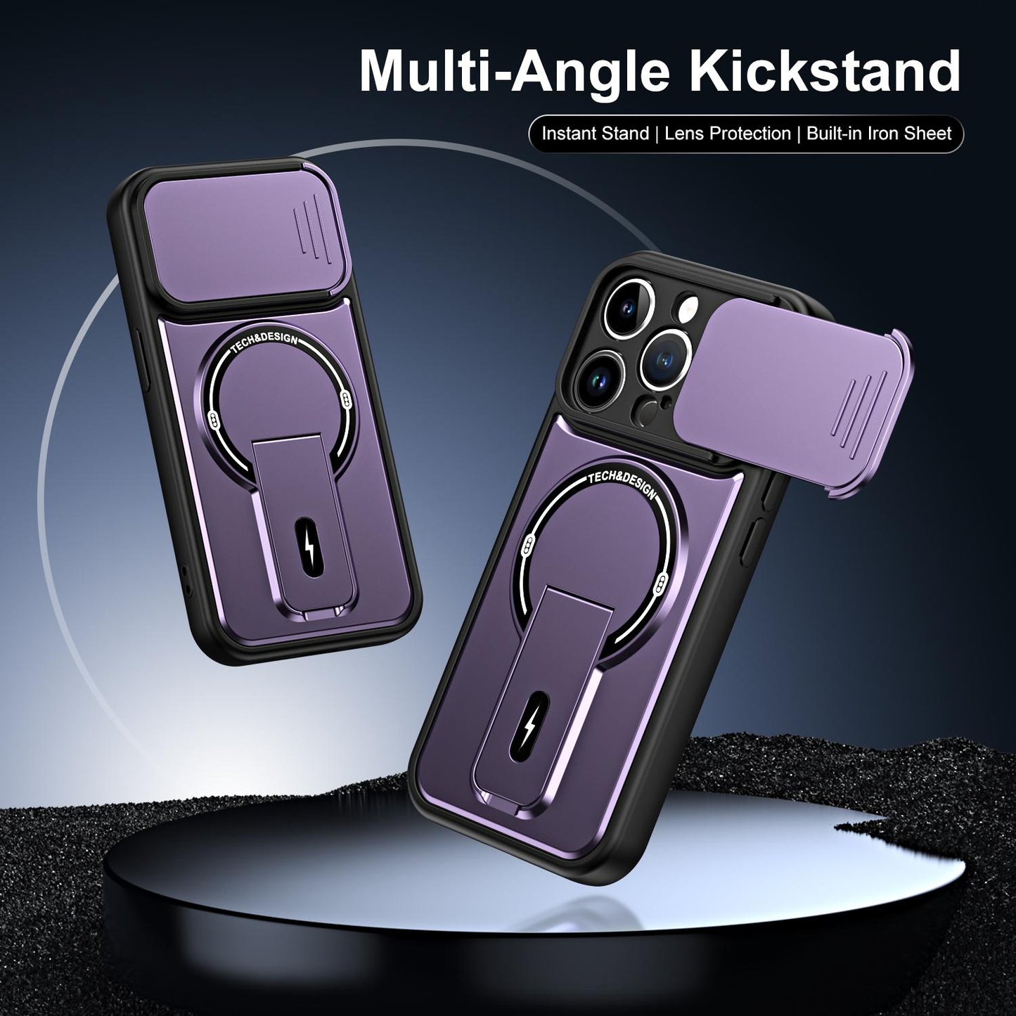 For iPhone 14 Pro Max Sliding Camshield Holder Magnetic Phone Case(Purple)