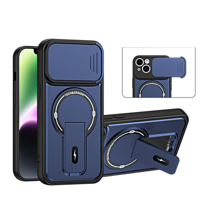 For iPhone 15 Sliding Camshield Holder Magnetic Phone Case(Blue)