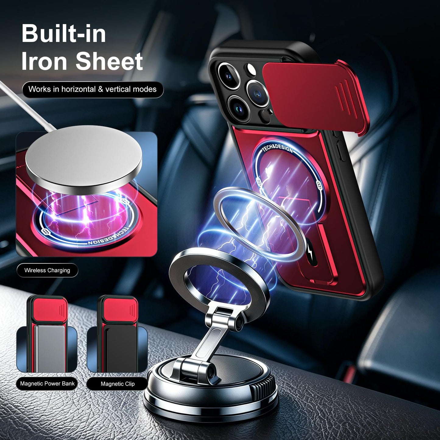 For iPhone 15 Pro Sliding Camshield Holder Magnetic Phone Case(Red)