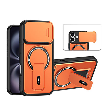 For iPhone 16 Sliding Camshield Holder Magnetic Phone Case(Orange)