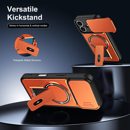 For iPhone 16 Sliding Camshield Holder Magnetic Phone Case(Orange)