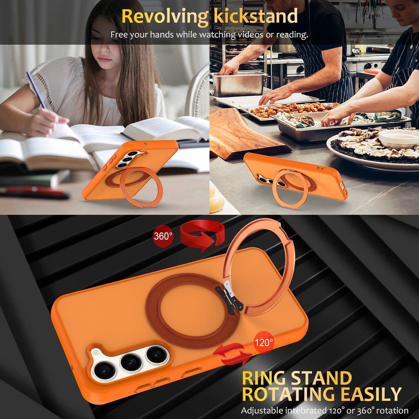 For Galaxy S23 5G Skin Feel Revolving Kickstand Magnetic Phone Case(Orange)