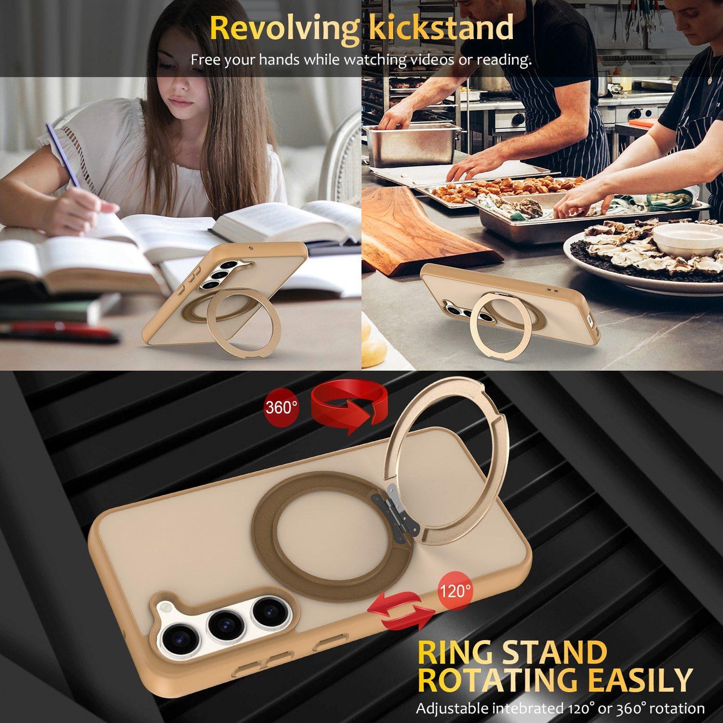 For Galaxy S23 5G Skin Feel Revolving Kickstand Magnetic Phone Case(Gold)