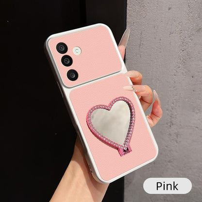 For Galaxy A27 5G Lambskin Series Skin Feel Shockproof Phone Case with Heart Mirror Holder - Pink - EDA009989403A