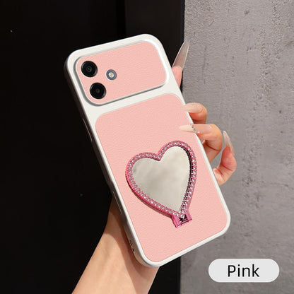 For Galaxy A06 5G Lambskin Series Skin Feel Shockproof Phone Case with Heart Mirror Holder - Pink - EDA009989406A