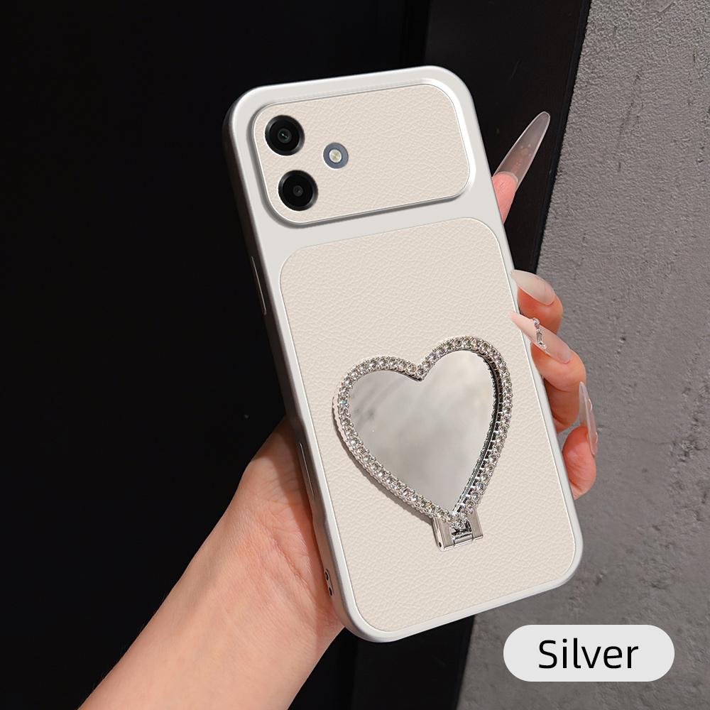 For Galaxy A06 5G Lambskin Series Skin Feel Shockproof Phone Case with Heart Mirror Holder - Silver - EDA009989406D