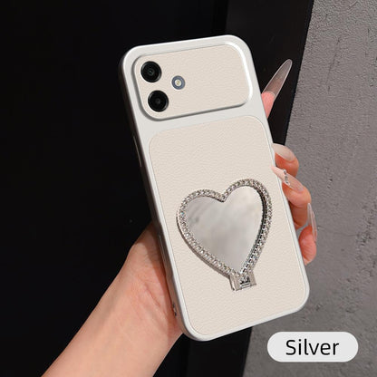 For Galaxy A06 5G Lambskin Series Skin Feel Shockproof Phone Case with Heart Mirror Holder - Silver - EDA009989406D
