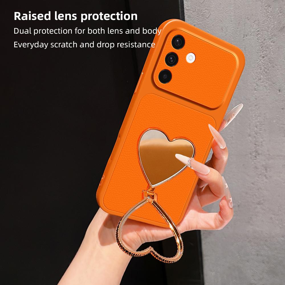 For Galaxy A36 5G Lambskin Series Skin Feel Shockproof Phone Case with Heart Mirror Holder - Orange - EDA009989409E