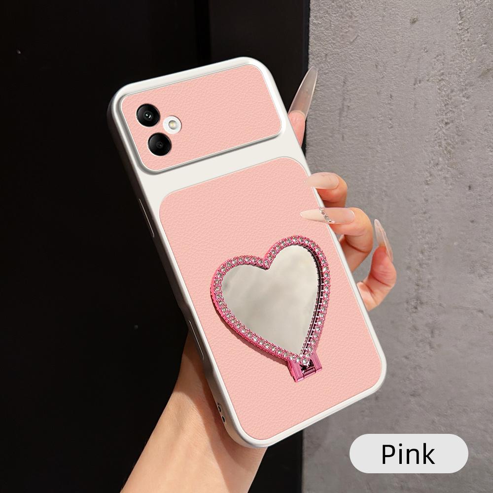 For Galaxy A05 Lambskin Series Skin Feel Shockproof Phone Case with Heart Mirror Holder - Pink - EDA009989415A