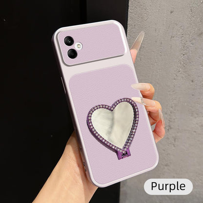 For Galaxy A05 Lambskin Series Skin Feel Shockproof Phone Case with Heart Mirror Holder - Purple - EDA009989415B