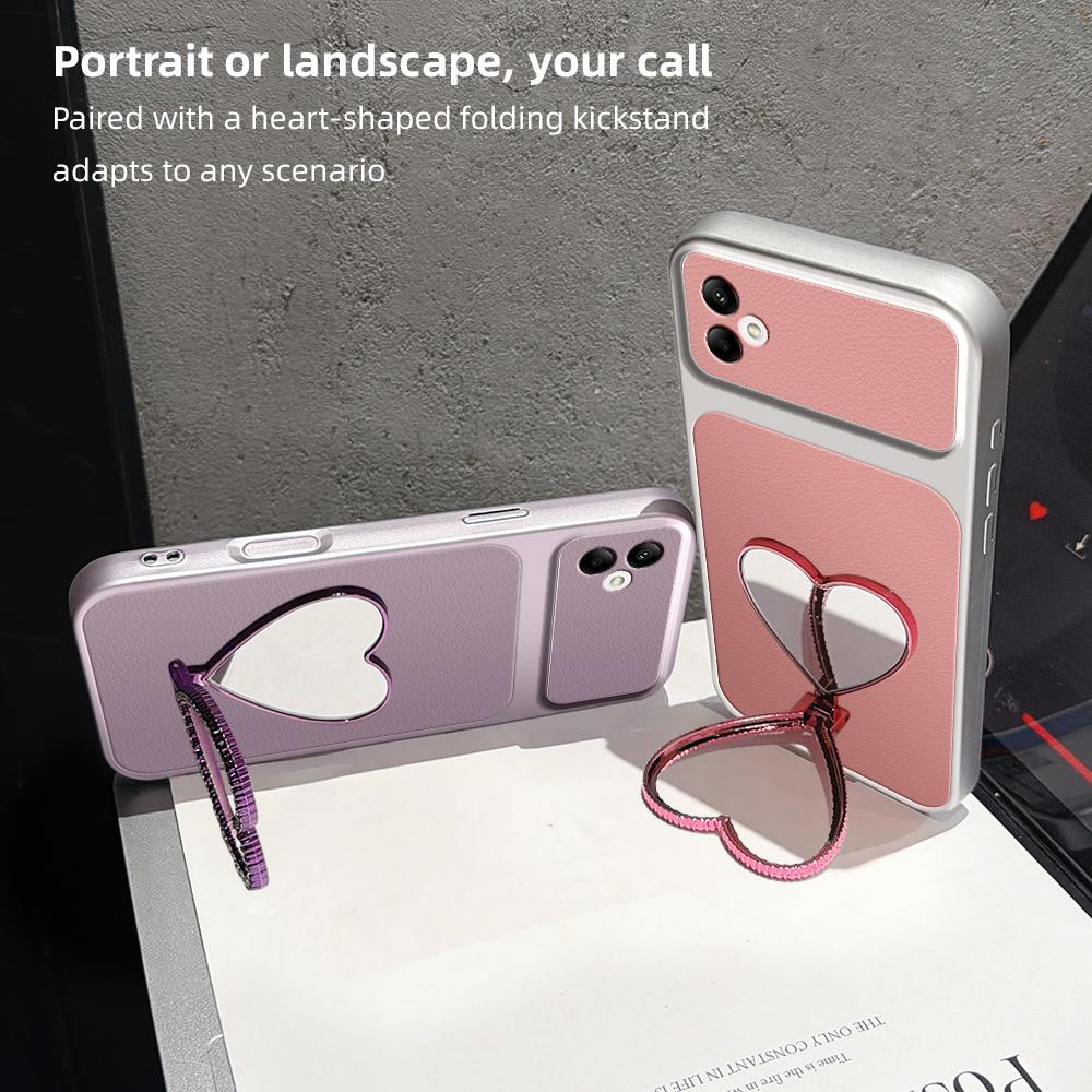 For Galaxy A05 Lambskin Series Skin Feel Shockproof Phone Case with Heart Mirror Holder - Purple - EDA009989415B
