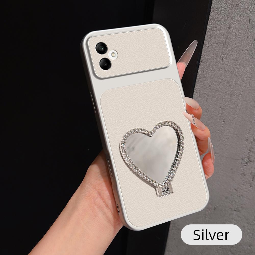 For Galaxy A05 Lambskin Series Skin Feel Shockproof Phone Case with Heart Mirror Holder - Silver - EDA009989415D