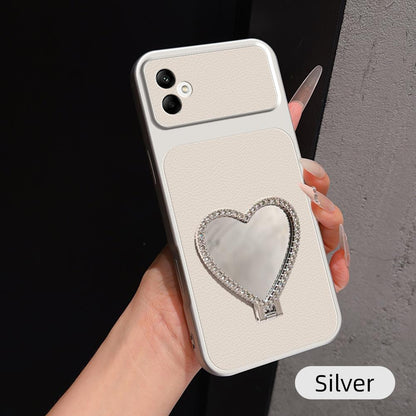 For Galaxy A05 Lambskin Series Skin Feel Shockproof Phone Case with Heart Mirror Holder - Silver - EDA009989415D