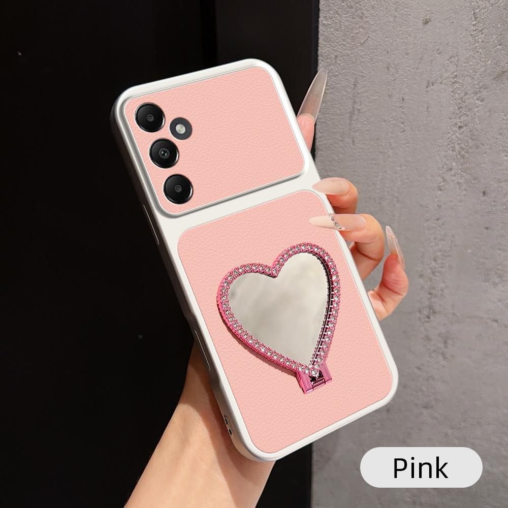 For Galaxy A05s Lambskin Series Skin Feel Shockproof Phone Case with Heart Mirror Holder - Pink - EDA009989416A