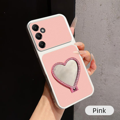 For Galaxy A05s Lambskin Series Skin Feel Shockproof Phone Case with Heart Mirror Holder - Pink - EDA009989416A