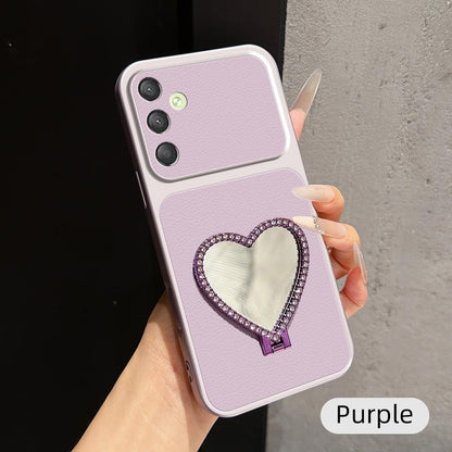 For Galaxy A25 5G Lambskin Series Skin Feel Shockproof Phone Case with Heart Mirror Holder - Purple - EDA009989417B