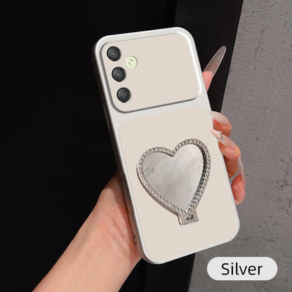 For Galaxy A25 5G Lambskin Series Skin Feel Shockproof Phone Case with Heart Mirror Holder - Silver - EDA009989417D