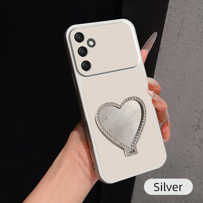 For Galaxy A24 4G Lambskin Series Skin Feel Shockproof Phone Case with Heart Mirror Holder - Silver - EDA009989418D