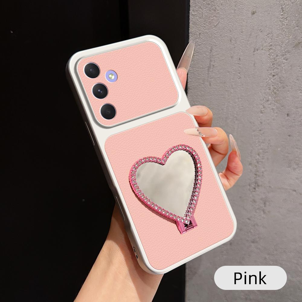 For Galaxy A54 5G Lambskin Series Skin Feel Shockproof Phone Case with Heart Mirror Holder - Pink - EDA009989420A