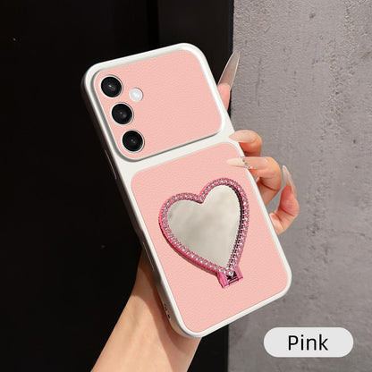 For Galaxy S25 FE 5G Lambskin Series Skin Feel Shockproof Phone Case with Heart Mirror Holder - Pink - EDA009990606A