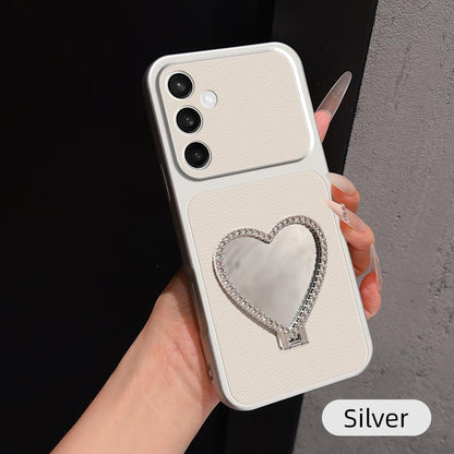 For Galaxy S25 FE 5G Lambskin Series Skin Feel Shockproof Phone Case with Heart Mirror Holder - Silver - EDA009990606D