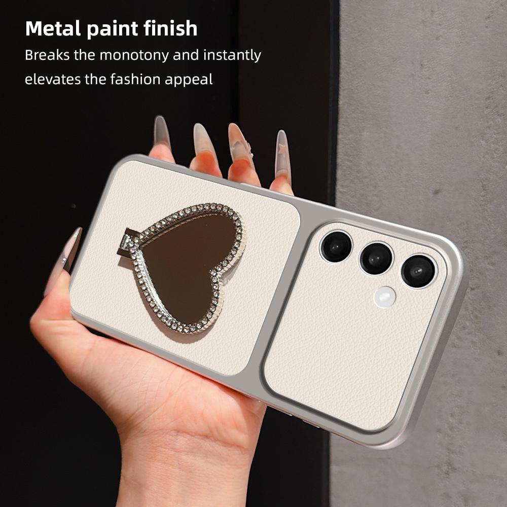 For Galaxy S25 FE 5G Lambskin Series Skin Feel Shockproof Phone Case with Heart Mirror Holder - Silver - EDA009990606D