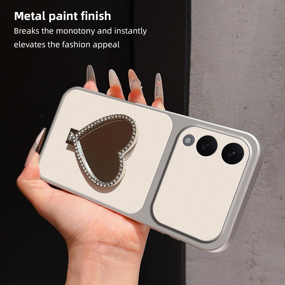 For Galaxy S25 Edge 5G Lambskin Series Skin Feel Shockproof Phone Case with Heart Mirror Holder - Orange - EDA009990607E