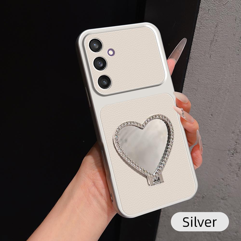 For Galaxy S24 5G Lambskin Series Skin Feel Shockproof Phone Case with Heart Mirror Holder - Silver - EDA009990612D