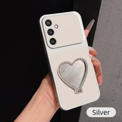 For Galaxy S24 5G Lambskin Series Skin Feel Shockproof Phone Case with Heart Mirror Holder - Silver - EDA009990612D