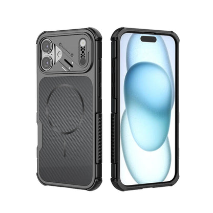 For iPhone 16 Plus Rugged Carbon Fiber Texture Airbag Shockproof Magnetic Phone Case(Black)