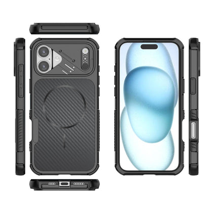 For iPhone 16 Plus Rugged Carbon Fiber Texture Airbag Shockproof Magnetic Phone Case(Black)