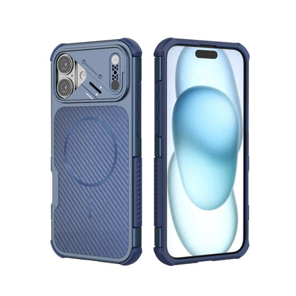 For iPhone 16 Plus Rugged Carbon Fiber Texture Airbag Shockproof Magnetic Phone Case(Blue)