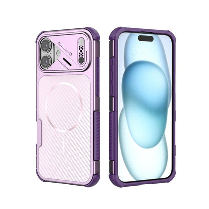 For iPhone 16 Plus Rugged Carbon Fiber Texture Airbag Shockproof Magnetic Phone Case(Purple)