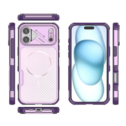 For iPhone 16 Plus Rugged Carbon Fiber Texture Airbag Shockproof Magnetic Phone Case(Purple)