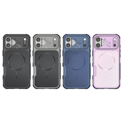 For iPhone 16 Plus Rugged Carbon Fiber Texture Airbag Shockproof Magnetic Phone Case(Purple)