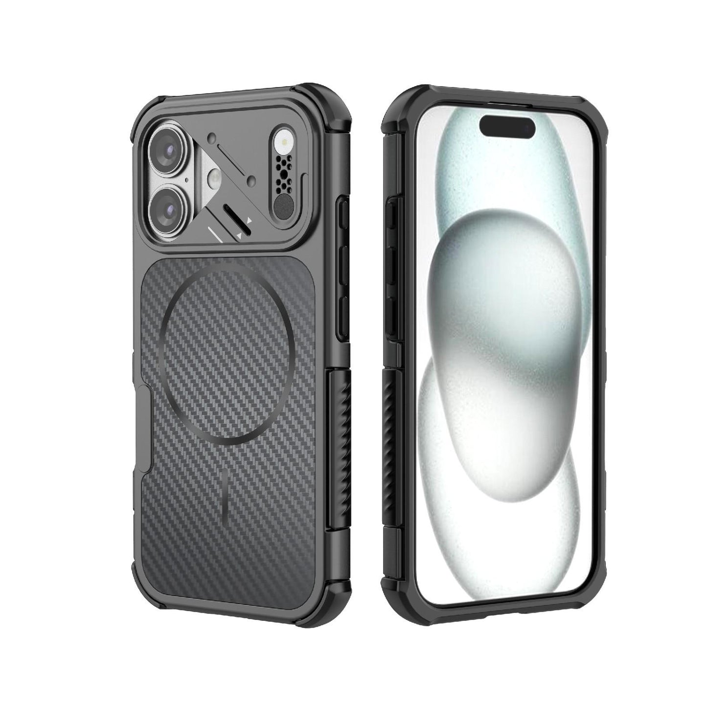 For iPhone 16 Rugged Carbon Fiber Texture Airbag Shockproof Magnetic Phone Case(Black)