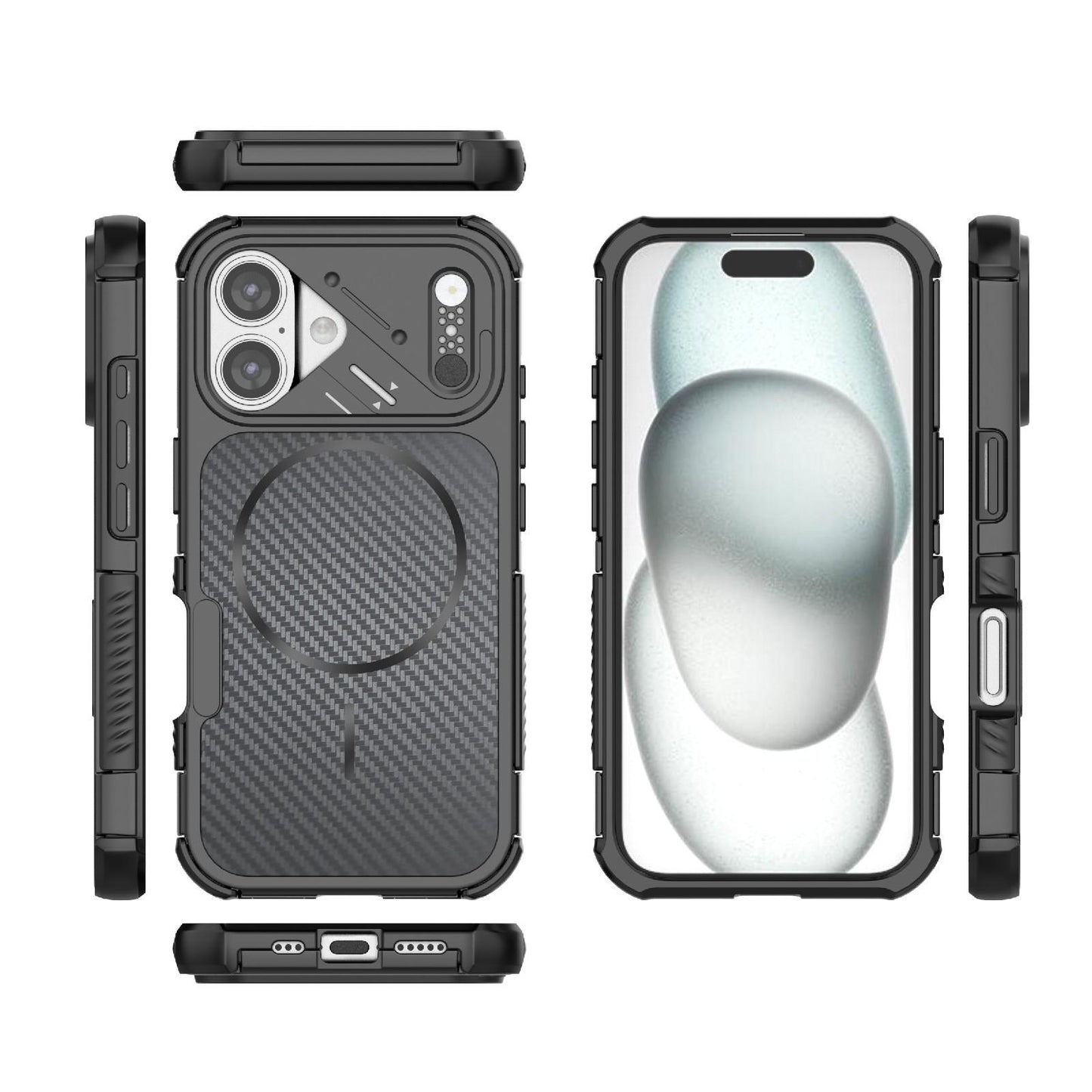 For iPhone 16 Rugged Carbon Fiber Texture Airbag Shockproof Magnetic Phone Case(Black)