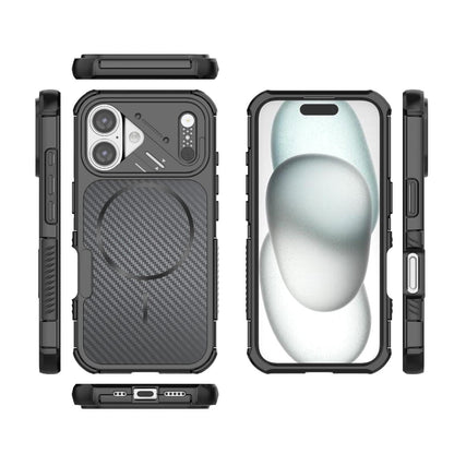 For iPhone 16 Rugged Carbon Fiber Texture Airbag Shockproof Magnetic Phone Case(Black)