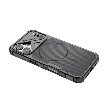 For iPhone 16 Rugged Carbon Fiber Texture Airbag Shockproof Magnetic Phone Case(Black)