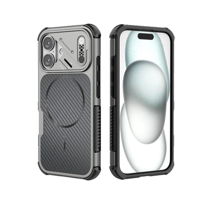 For iPhone 16 Rugged Carbon Fiber Texture Airbag Shockproof Magnetic Phone Case(Gray)