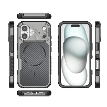 For iPhone 16 Rugged Carbon Fiber Texture Airbag Shockproof Magnetic Phone Case(Gray)