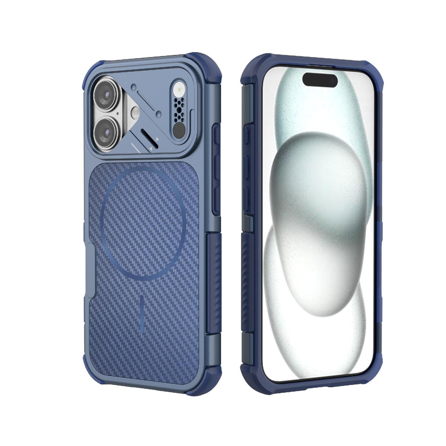 For iPhone 16 Rugged Carbon Fiber Texture Airbag Shockproof Magnetic Phone Case(Blue)