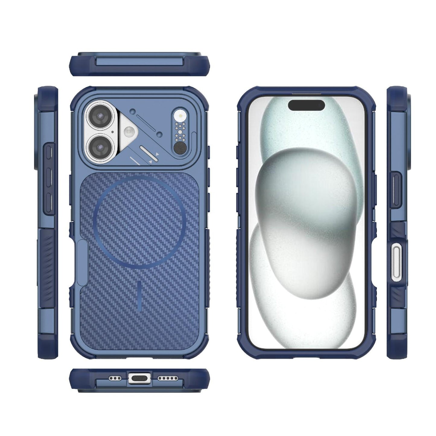 For iPhone 16 Rugged Carbon Fiber Texture Airbag Shockproof Magnetic Phone Case(Blue)